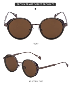 Detail view of retro oval sunglasses with metal frame and teardrop-shaped temple tips