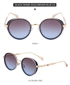 Steampunk round sunglasses with detailed metal carving and brown blue gradient lenses