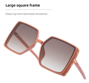 Detail of nude square sunglasses with brown gradient lenses and gold hinge accents