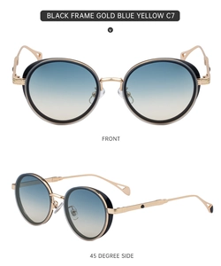 Detailed view of retro oval sunglasses with double bridge and gold metal side shields