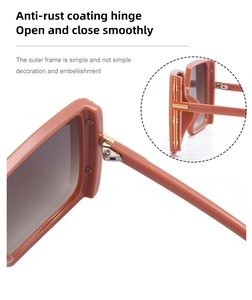 Detail of square sunglasses showing rustproof metal hinges and smooth mechanism
