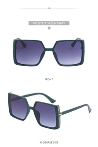Detailed front and side views of frosted green-gray square sunglasses with purple gradient lenses