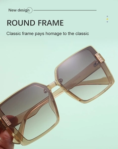 Close-up of translucent champagne frame sunglasses with gold geometric metal hinge detail