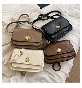 Women Diamond Quilted PU Leather Shoulder Bag Vintage Square Crossbody Bag With Gold Round Rotary Lock Flap Cover