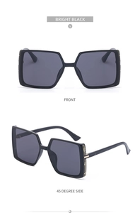 Detailed front and 45-degree side view of oversized square sunglasses in bright black frame
