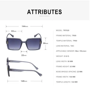 Detailed size chart and technical specifications for TR90 polarized oversized sunglasses