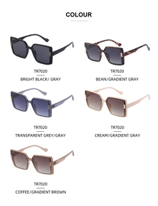 Flat lay of five color options for TR7020 polarized square oversized sunglasses with metal detail