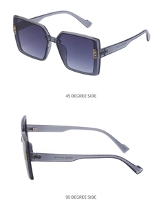 Detail view of large square polarized sunglasses in translucent grey-blue with gold accents
