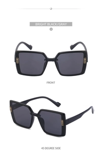 Front and side view of large square polarized sunglasses with gold Greek key pattern detail