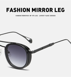 Detail of fashion mirror leg with latest slice design on retro oval sunglasses