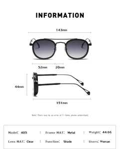 Size chart showing 143mm frame width and detailed dimensions for model 405 sunglasses