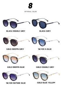 Detail view of eight vintage steampunk oval sunglasses with metal frames in various lens colors