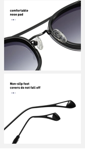Detail of comfortable silicone nose pads and non-slip镂空 foot covers on metal sunglasses