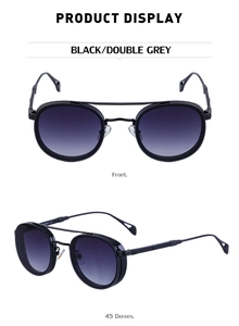 Front and 45-degree angle view of vintage oval sunglasses with black frame and grey lenses