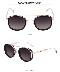 Front and side view of gold double bridge oval sunglasses with brown grey gradient lenses