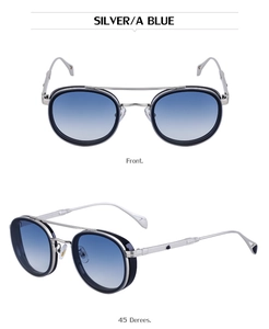 Front and side view of retro oval sunglasses with silver frames and blue gradient lenses