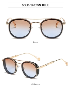 Front and 45-degree views of retro oval sunglasses with gold frame and gradient lenses
