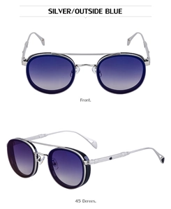 Close-up of retro oval sunglasses with silver metal frame and blue gradient lenses