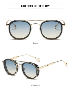 Detail view of gold frame sunglasses with blue-yellow gradient lenses and double bridge