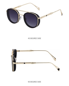 Detail view of steampunk oval sunglasses with gold frame and side shield components