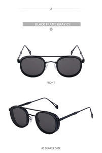 Front and 45-degree side view of vintage oval sunglasses with hollowed temples