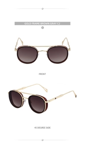 Detailed front and 45-degree side view of retro gold oval sunglasses with side shields
