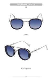 Detailed front and side views of silver metal oval sunglasses with blue gradient lenses