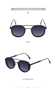 Front and side view of retro oval sunglasses with black metal frame and gradient lenses