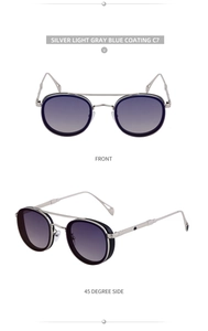Front and 45-degree views of retro silver oval sunglasses with blue gradient lenses