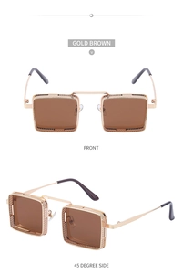Détails de lunettes de soleil steampunk dorées avec cadre en maille et verres bruns