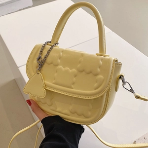 Women Shoulder Crossbody Bag PU Leather Bear Cookie Embossed Flap Cover Metal Chain Heart Pendant Fashion Versatile Bag