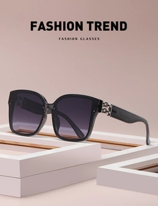 Detail view of square fashion sunglasses with silver metal chain decor on temples