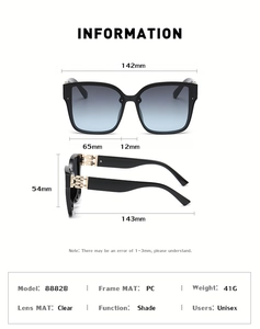 Detailed size specifications for square frame sunglasses with blue gradient lenses