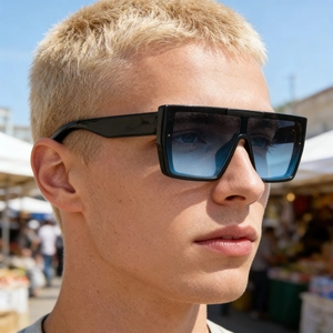 Side view of trendy oversized square sunglasses with black frames and blue gradient lenses