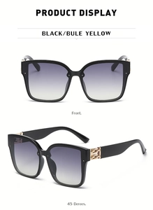 Detail of square sunglasses with gold chain temples and purple yellow gradient lenses