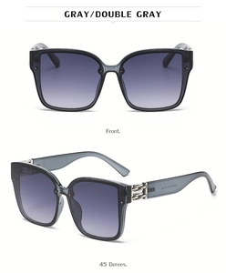 Detail view of square gradient lens sunglasses with decorative silver chain on the temple