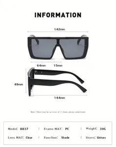 Detailed size chart for square frame sunglasses with frame dimensions and specifications