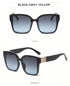 Front and 45-degree views of square sunglasses with gold chain detail on black frames