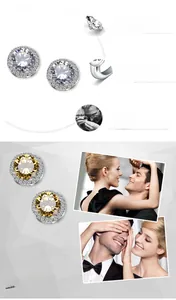 Macro detail of round halo earrings with AAA zircon stones and real gold plating finish