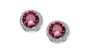 Detailed macro of silver stud earrings featuring round red stone and micro-pave white crystals