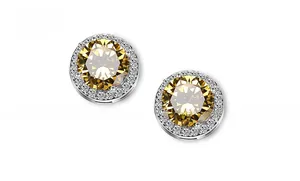 Close-up of halo stud earrings with round yellow cubic zirconia and sparkling white crystals