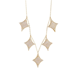 Elegant gold necklace featuring five sparkling star pendants encrusted with white crystals