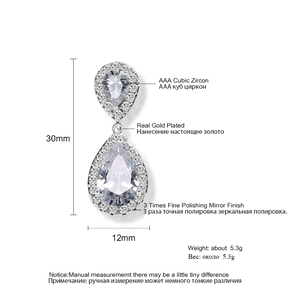 Detailed view of pear-shaped cubic zirconia earrings with 30mm height and 12mm width