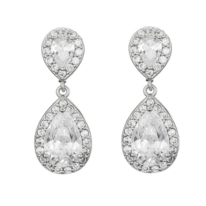Elegant silver halo pear-shaped drop earrings featuring sparkling teardrop zircons