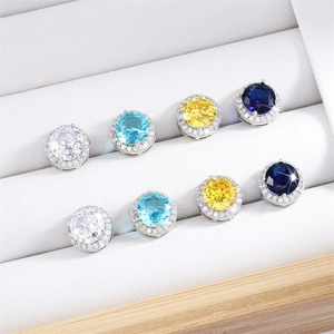 Minimalist round stud earrings set with colorful AAA zircons in polished silver settings