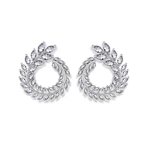 Elegant leaf shaped hoop earrings with marquise cut AAA cubic zirconia in silver finish
