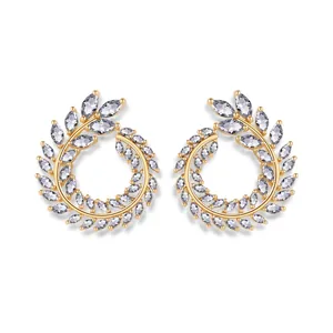 Elegant gold leaf wreath stud earrings featuring AAA marquise cut white zircon stones