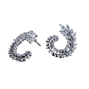 Elegant leaf-shaped stud earrings with AAA cubic zirconia in polished silver finish