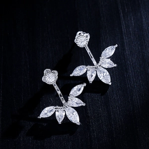 Fan Shaped Ear Jacket Earrings For Women AAA Cubic Zirconia Brass Gold Plated Marquise Cut Stud Jewelry Elegant Fashion