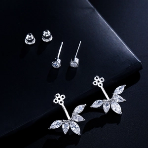 Fashionable teardrop zircon stud earrings set with detachable leaf-shaped backings
